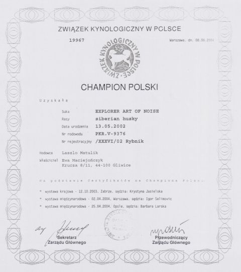 Certyfikat Championa Polski